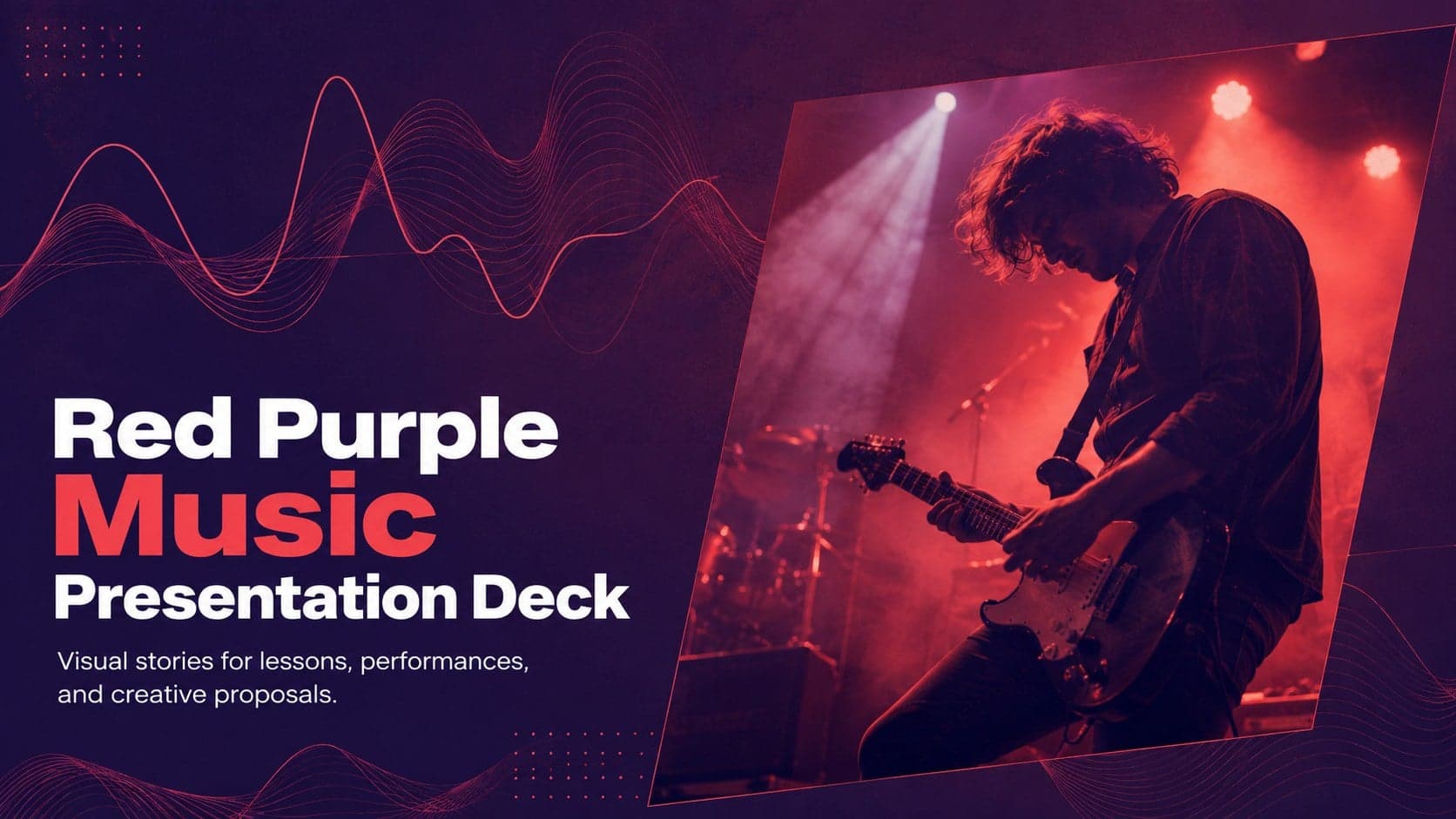 Cover slide for a red purple music presentation featuring a bold title and energetic concert photography.