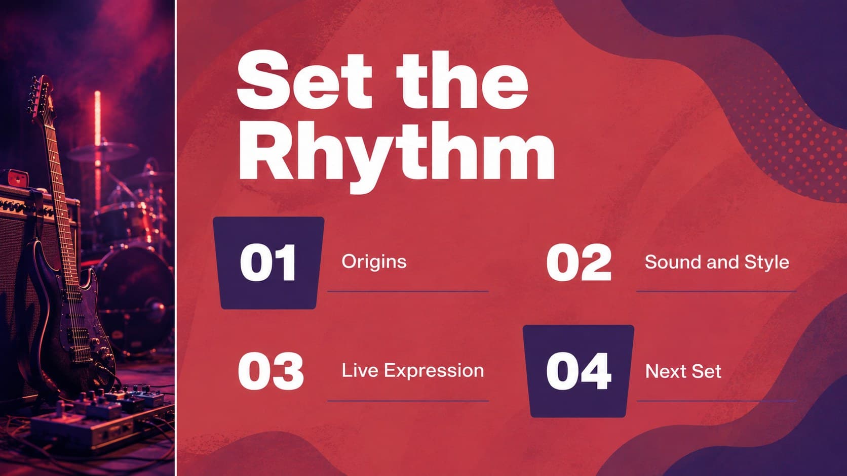 Agenda slide outlining the sections of a red purple music presentation with editorial photo accents.