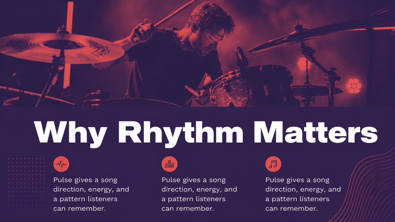 Music lesson slide explaining how rhythm shapes a song with a red-purple photo composition.