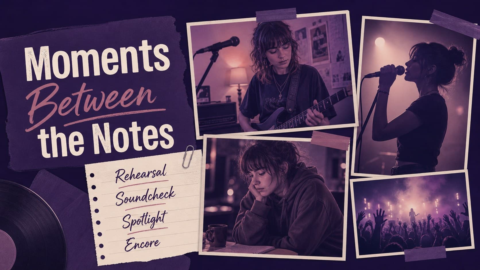 Photo collage slide for a music event presentation combining performers, instruments, and red-purple captions.