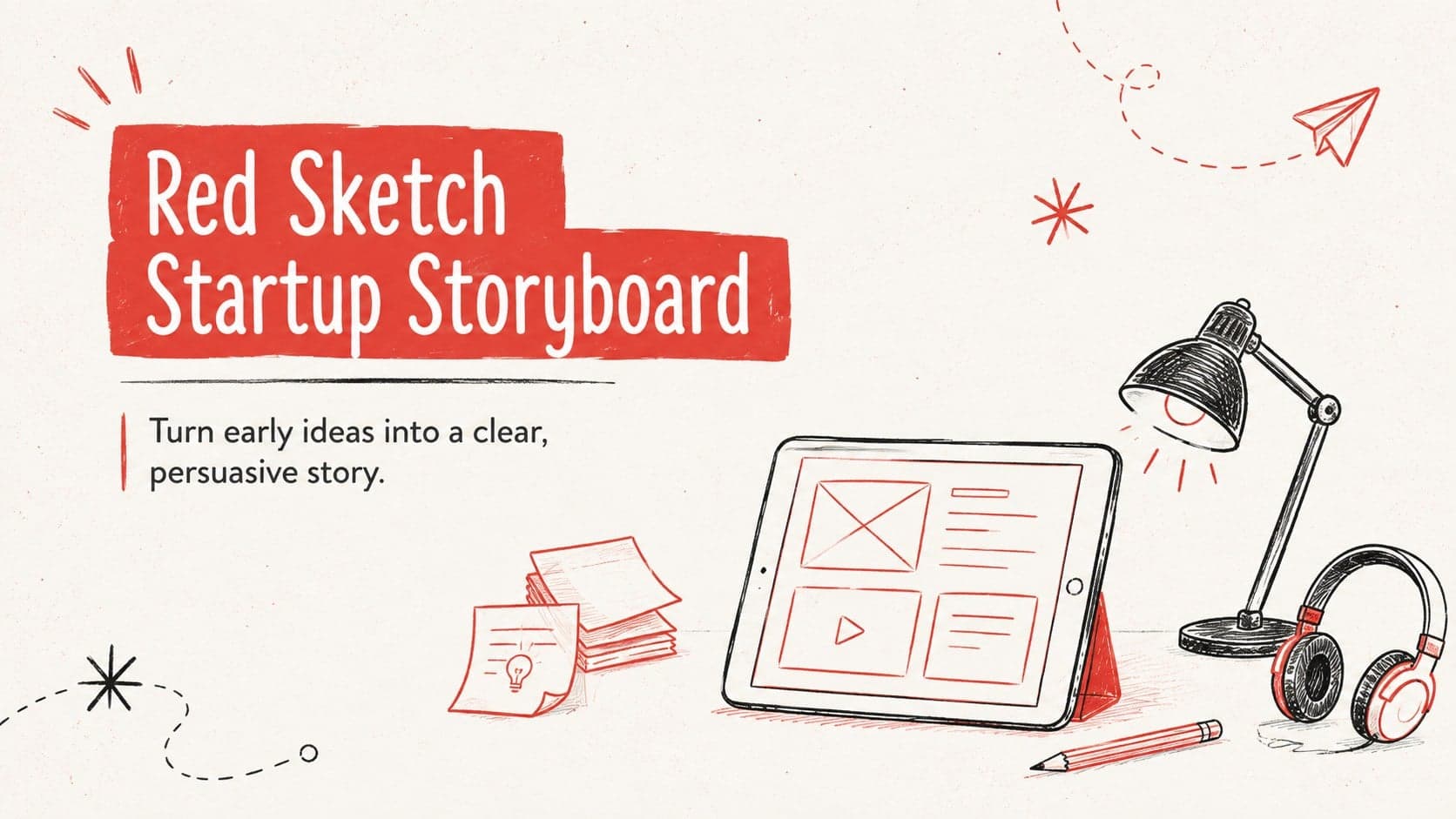 Cover of the Red Sketch Startup Storyboard with hand-drawn office illustrations and a bold red accent.