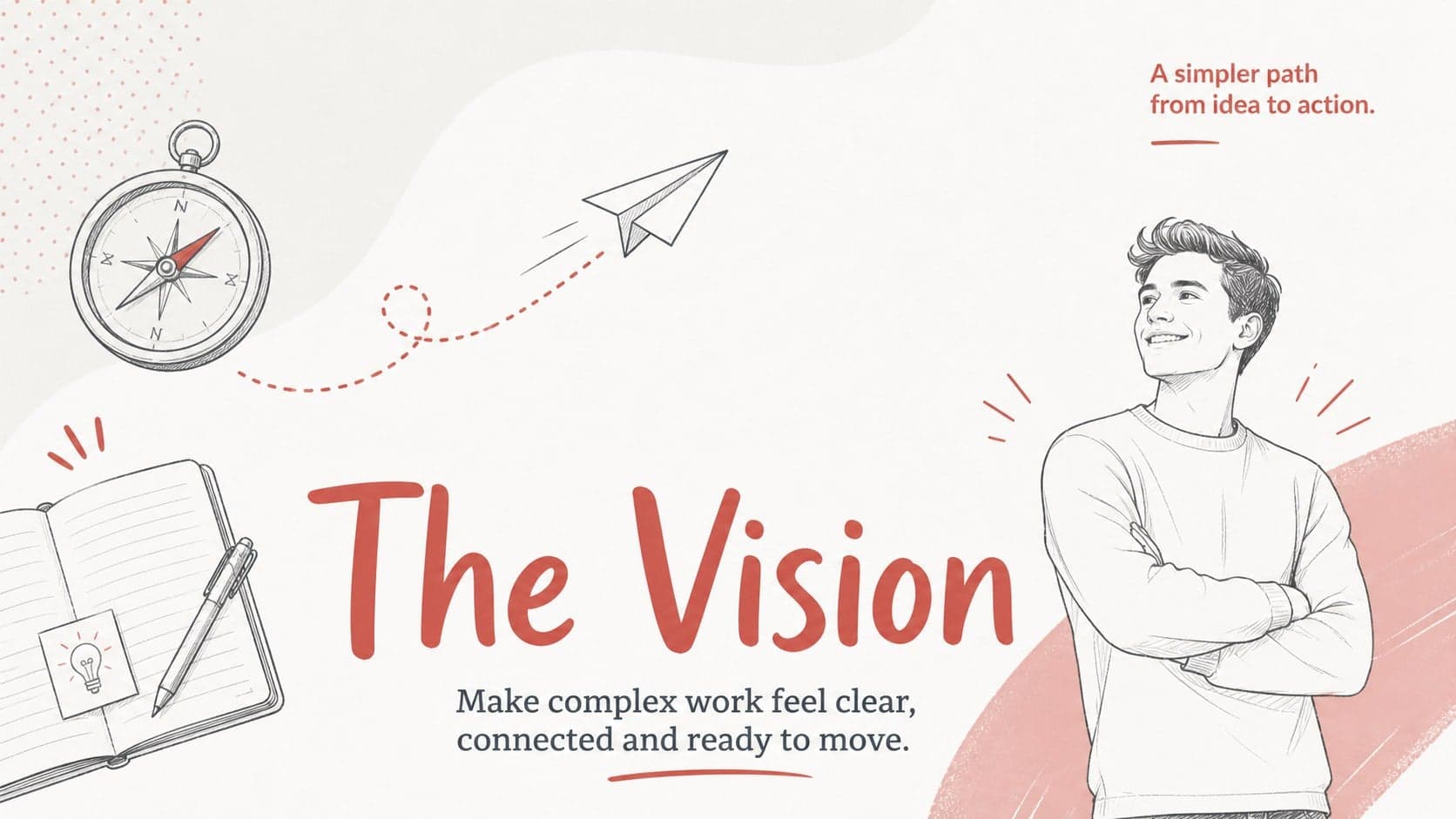 Hand-drawn startup vision slide featuring a concise mission statement and red sketch details.