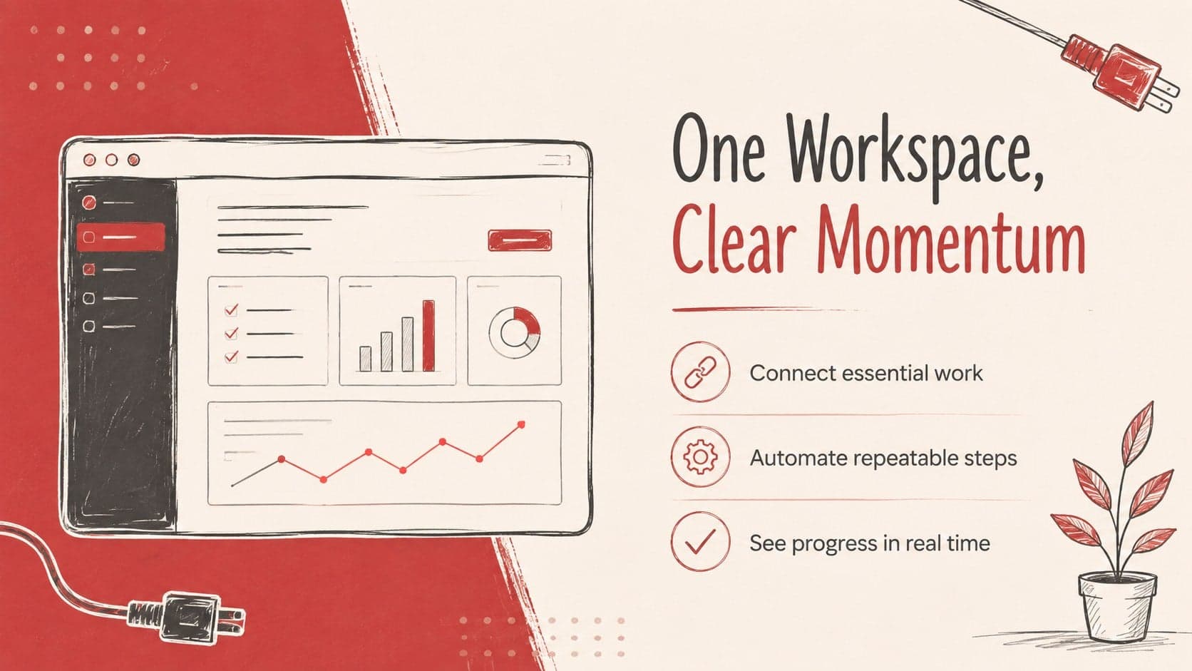 Red illustrated pitch slide presenting a unified product solution in a clear three-part layout.