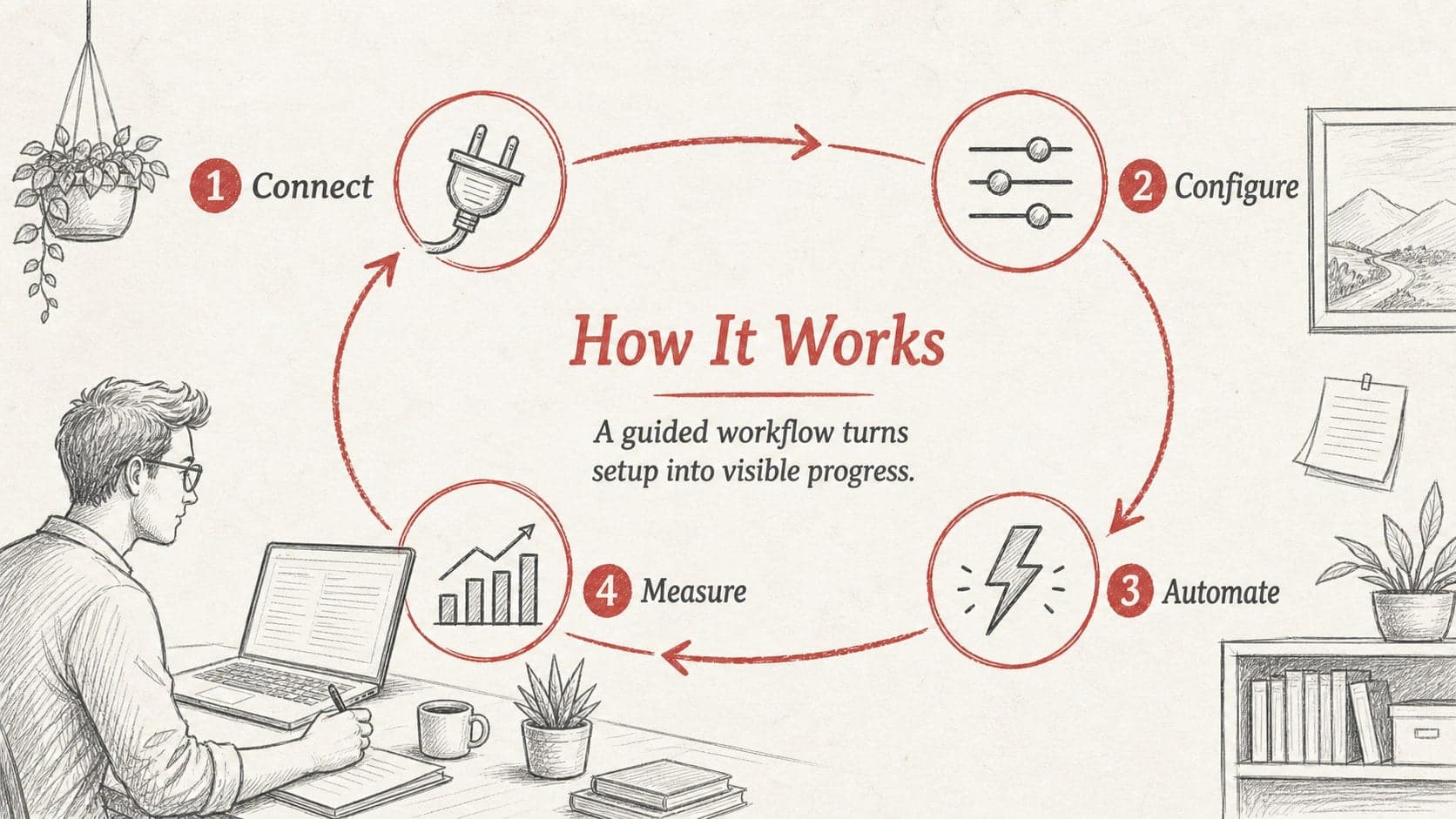 Hand drawn startup presentation slide showing a four-step product workflow from setup to measurable progress.