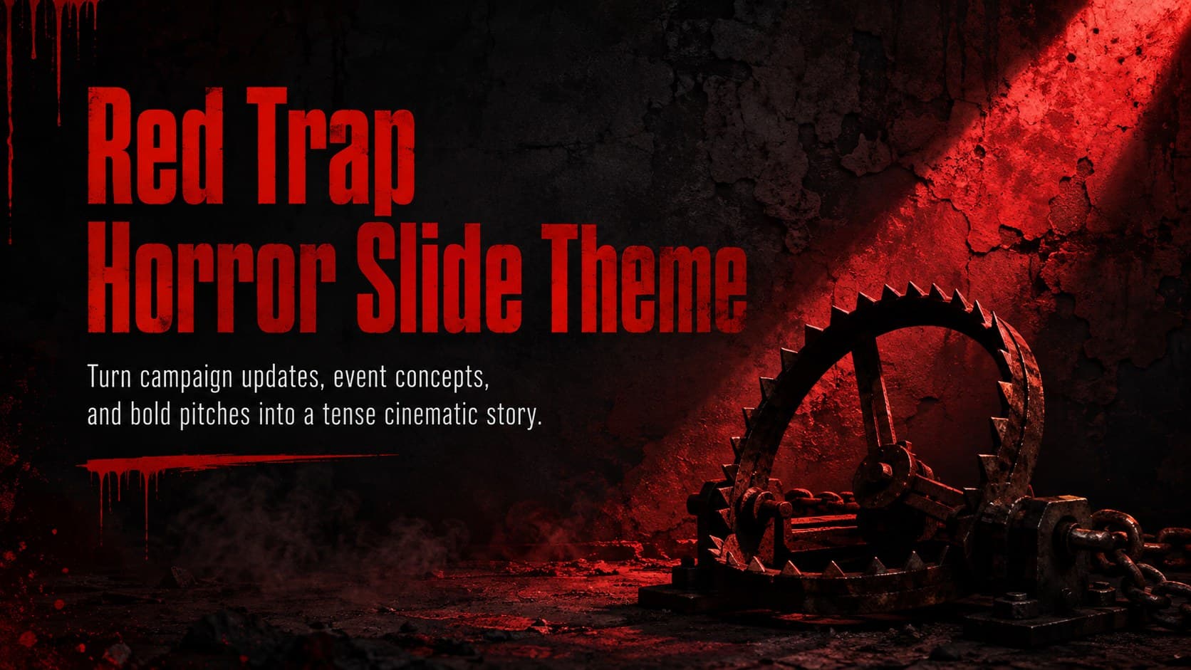 Cover of the Red Trap Horror Slide Theme with distressed red typography, dark machinery, and a cinematic black background.