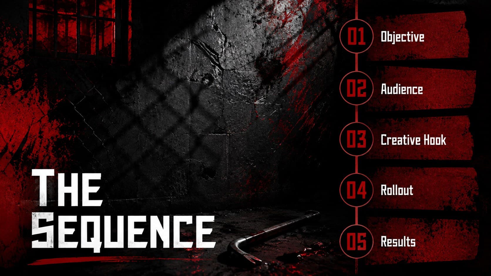 Dark agenda layout for a cinematic suspense pitch deck with five campaign sections highlighted in red.