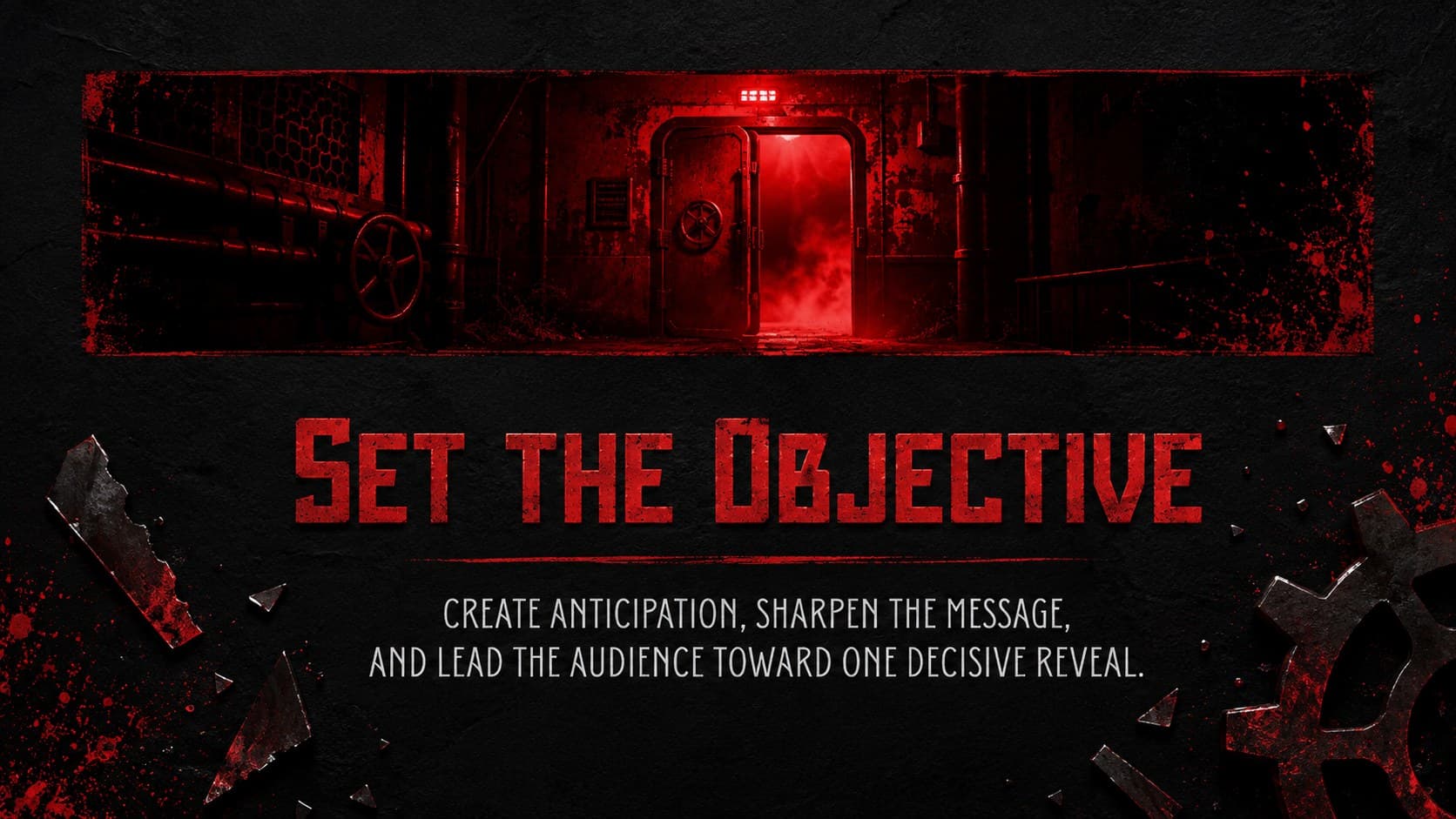 Psychological horror presentation template slide introducing a campaign objective beside a red-lit industrial doorway.