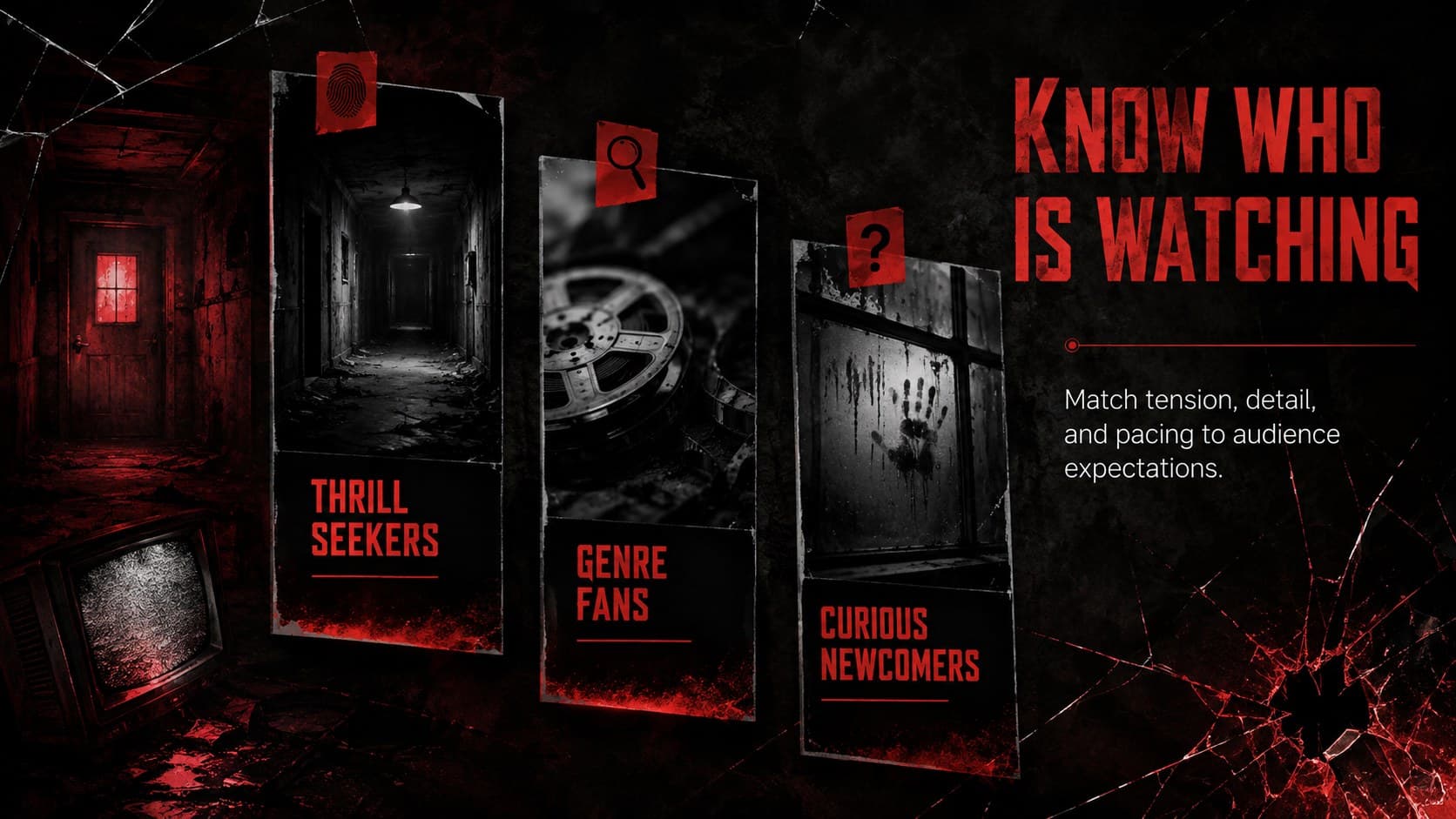 Red and black Halloween slides layout showing audience traits in an ominous three-column profile.