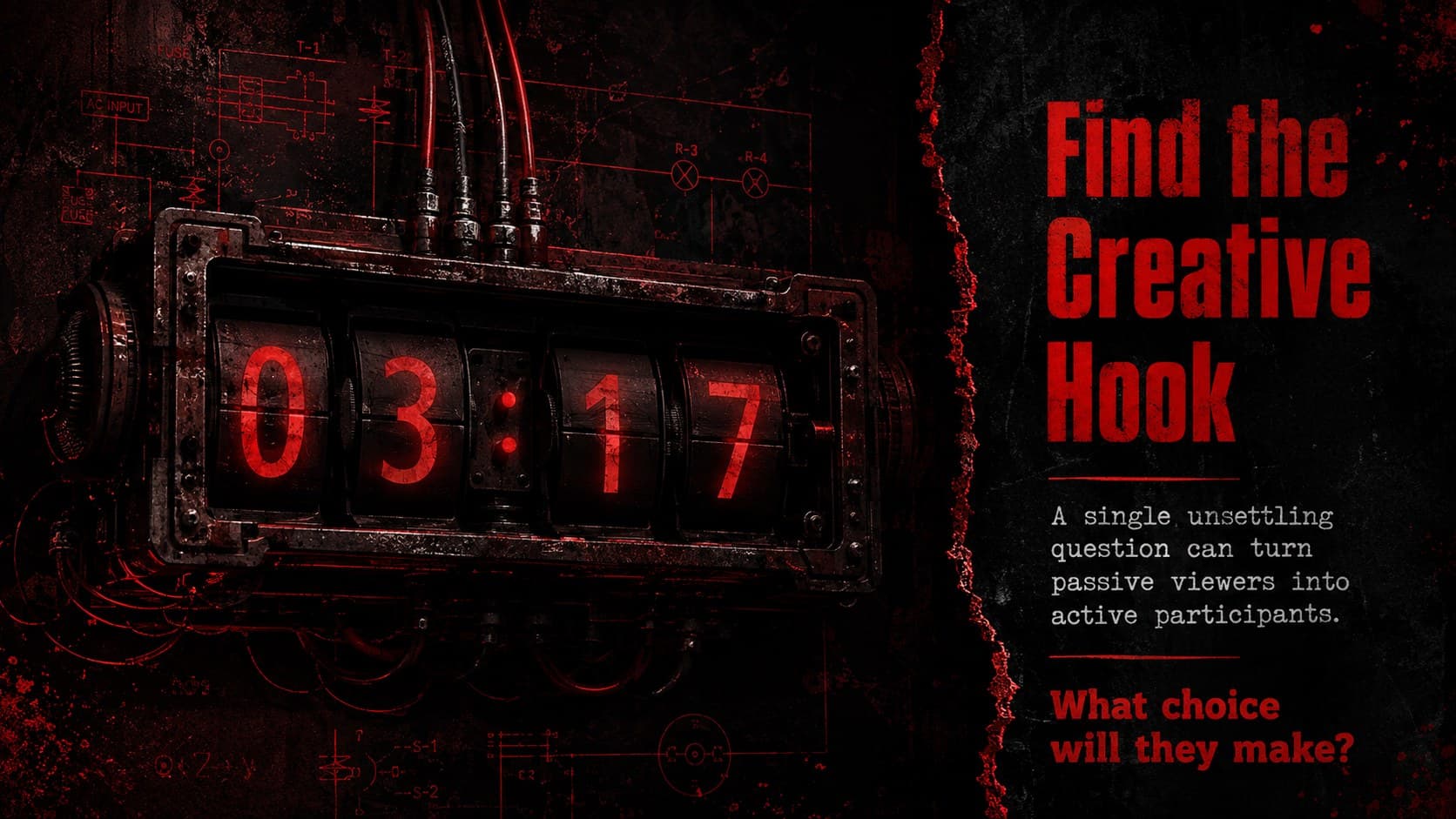 Horror event marketing presentation slide featuring a bold creative hook and an original mechanical timer graphic.