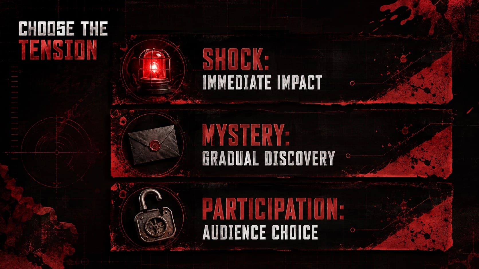 Cinematic suspense pitch deck slide comparing shock, mystery, and participation as campaign directions.