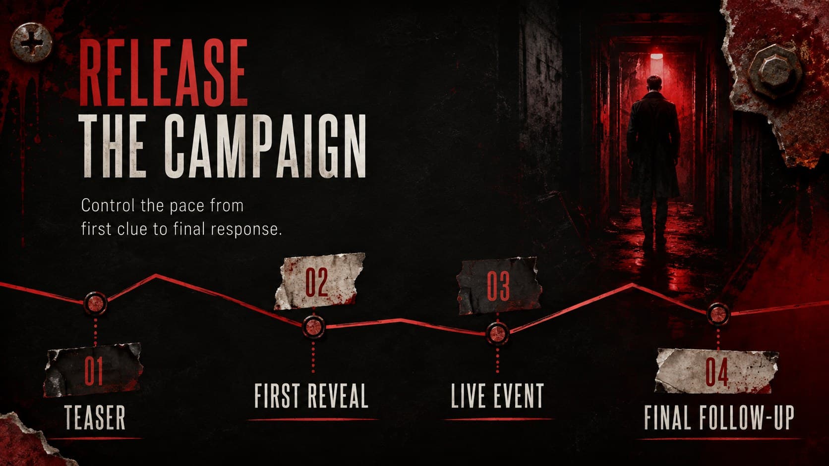 Red trap horror slide theme timeline mapping teaser, reveal, event, and follow-up campaign phases.