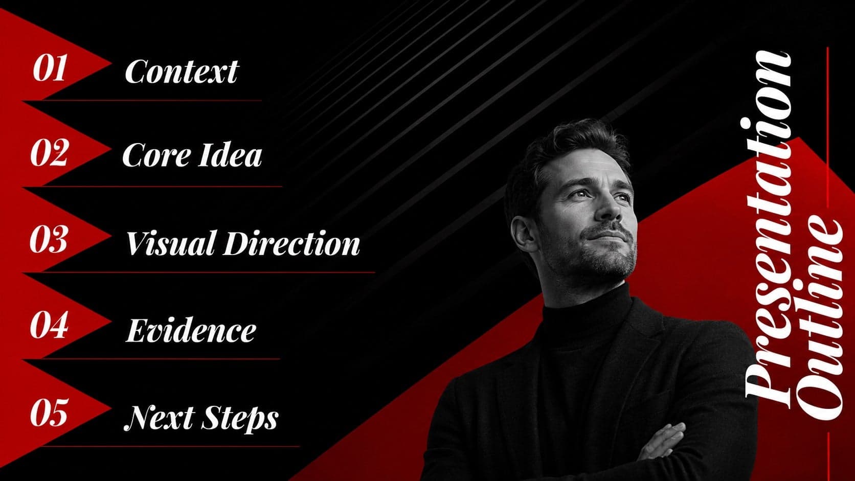 Minimal editorial agenda slide with five presentation sections and a red triangle motif.