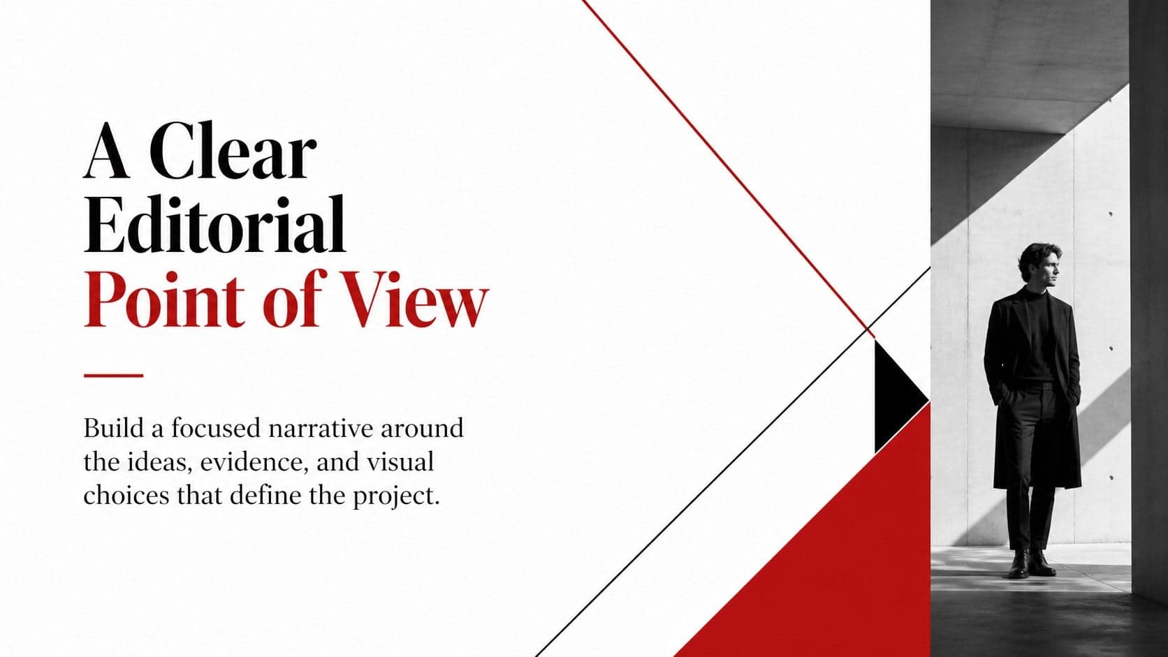 Editorial introduction layout presenting the purpose of a creative project with red geometric details.
