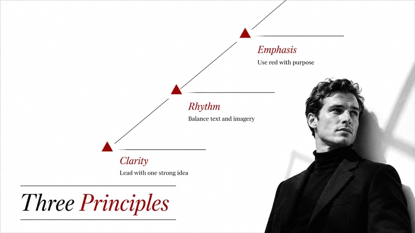 Minimal triangle PowerPoint theme slide showing three principles for a focused narrative.