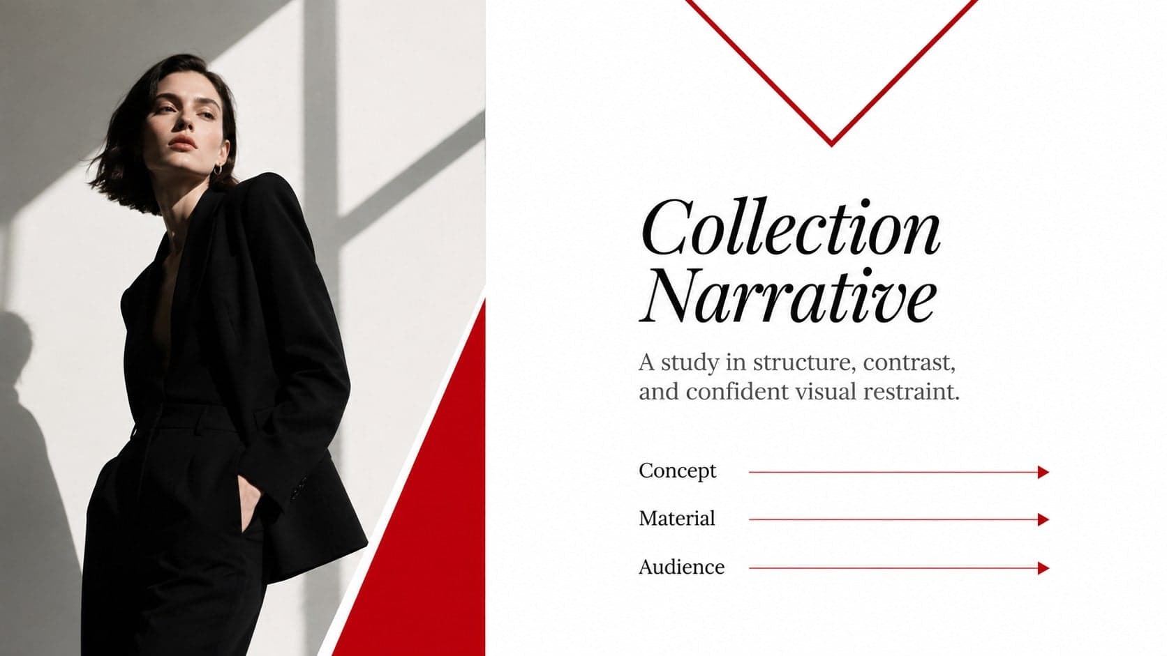Fashion portfolio Google Slides template layout with a large original editorial photograph and project summary.