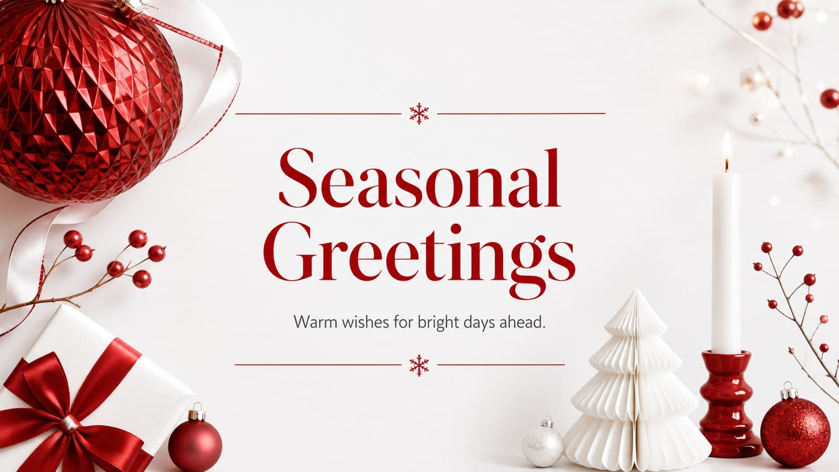 Opening message slide with red ornaments, white space, and a seasonal greeting for a Christmas photo slideshow template.