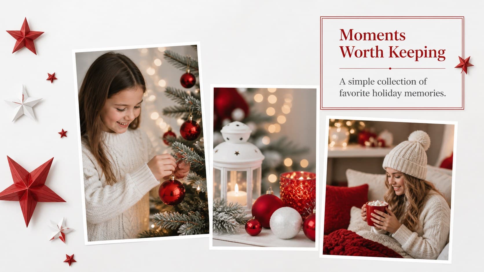 Christmas photo collage slide with red frames, white background, and space for family holiday memories.