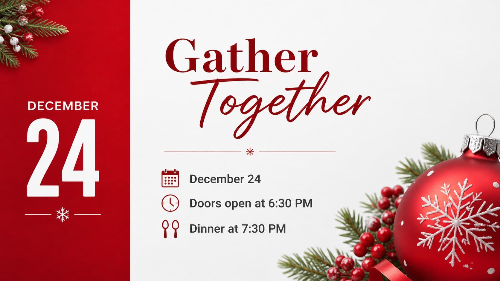 Holiday event details slide showing a Christmas gathering schedule in a clean red and white layout.