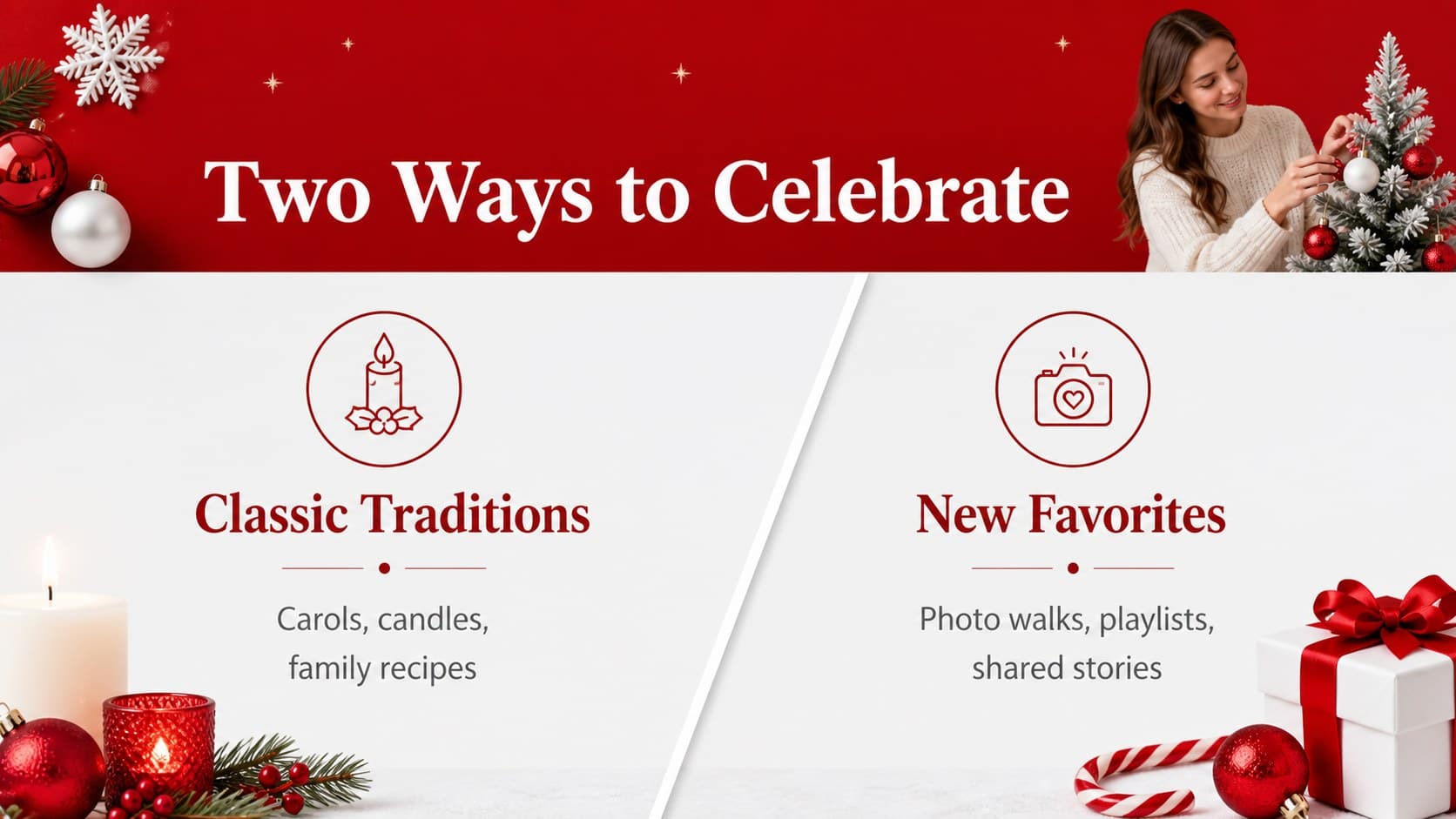 Festive comparison slide contrasting traditional and modern Christmas activities with red icons.