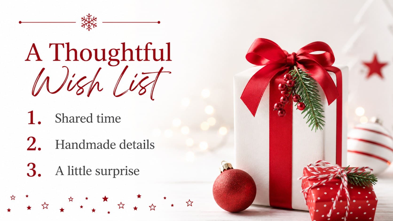 Christmas wish list slide with numbered gift ideas, ornament details, and a bright white background.