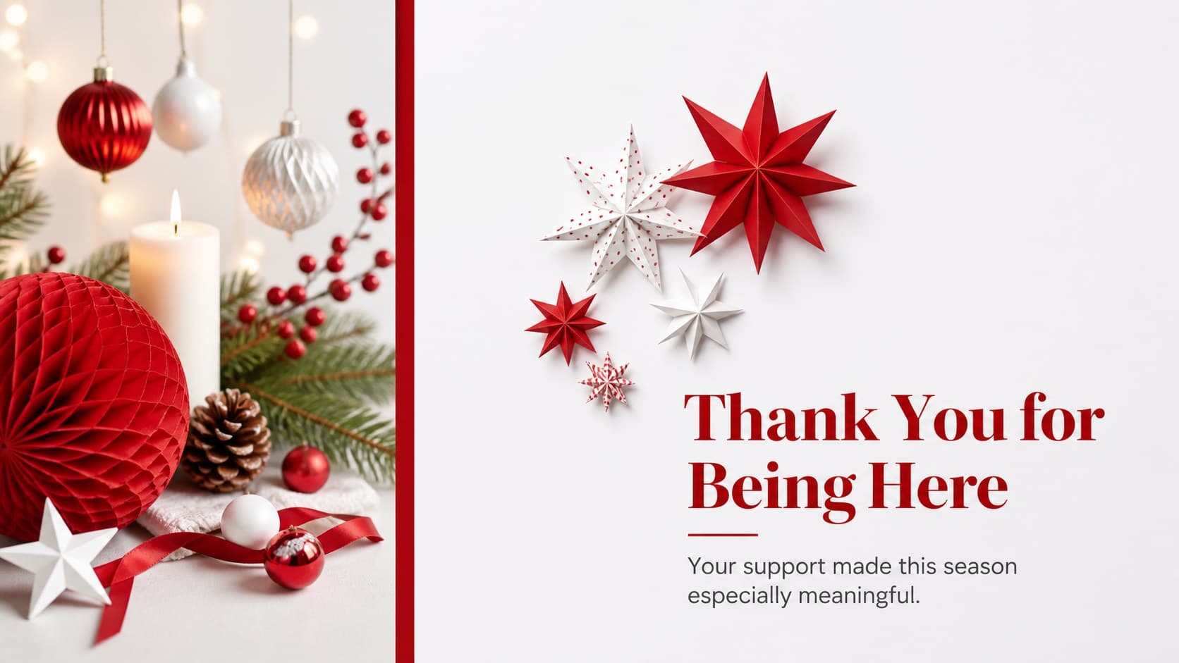 Holiday message slide featuring a large Christmas ornament photo and a short thank-you note.