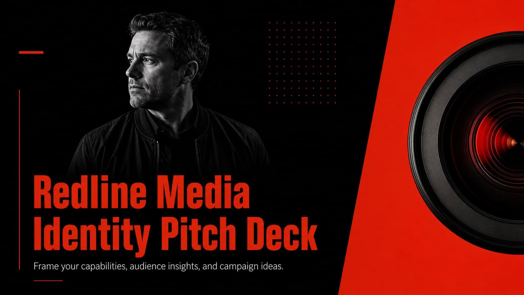Cover of the Redline Media Identity Pitch Deck with bold red typography on a black editorial background.