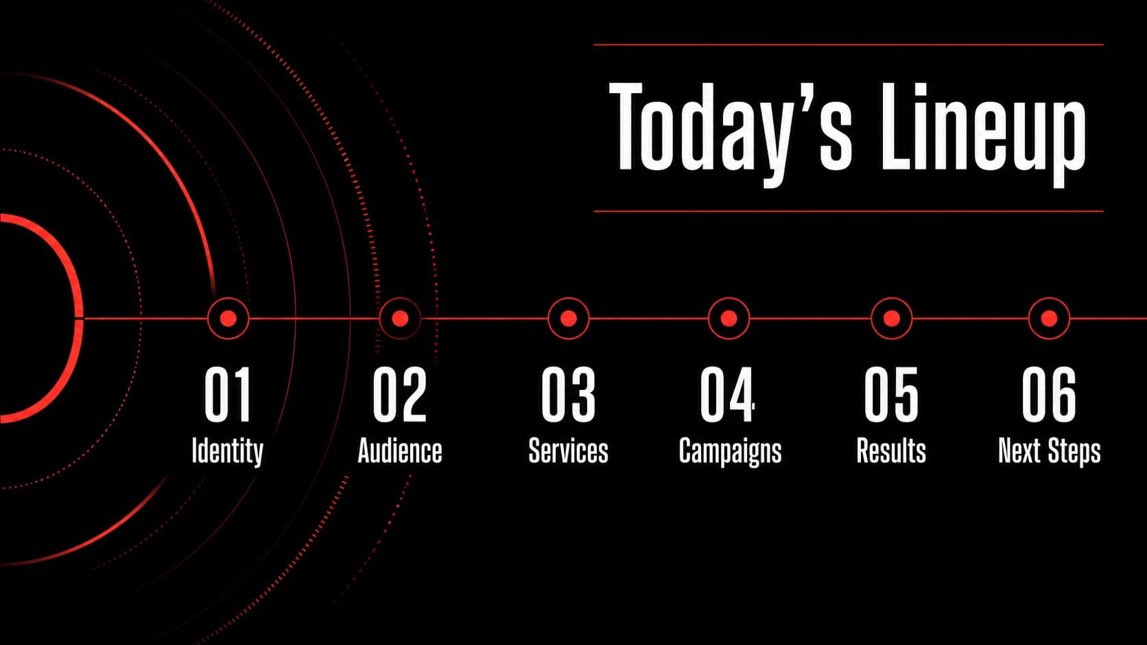 Red and black media identity pitch deck agenda outlining six sections of a company presentation.