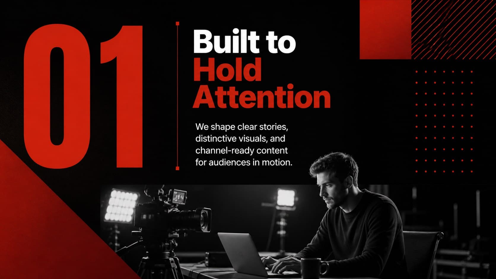 Media company profile slide presenting a concise mission statement in a bold editorial layout.