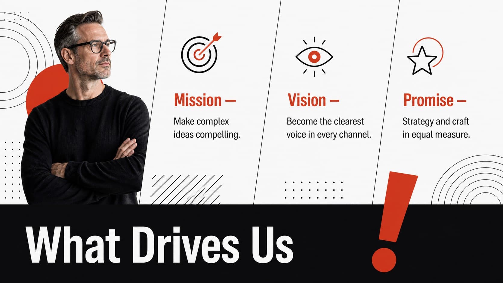 Brand identity slide showing the mission, vision, and promise of a modern media company.