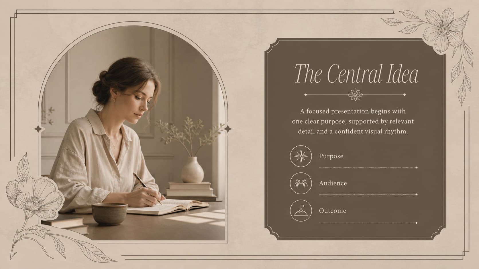 Editorial project overview slide with framed text and imagery for a beige PowerPoint presentation template.
