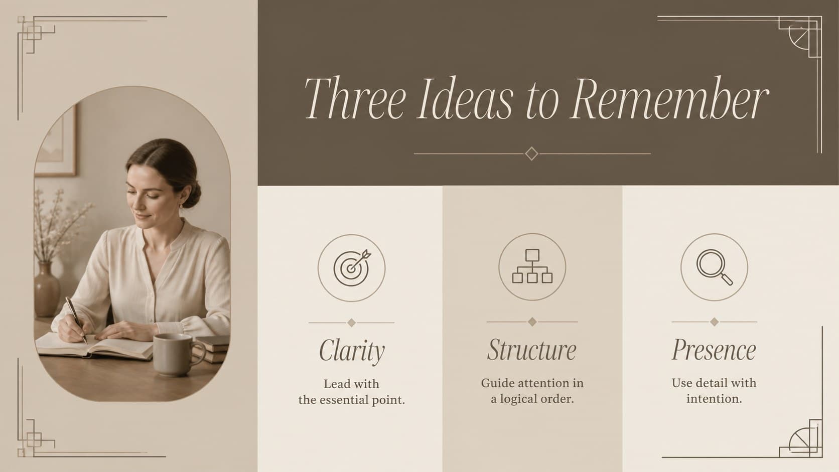 Three-column key message layout using brown line accents and warm beige editorial styling.
