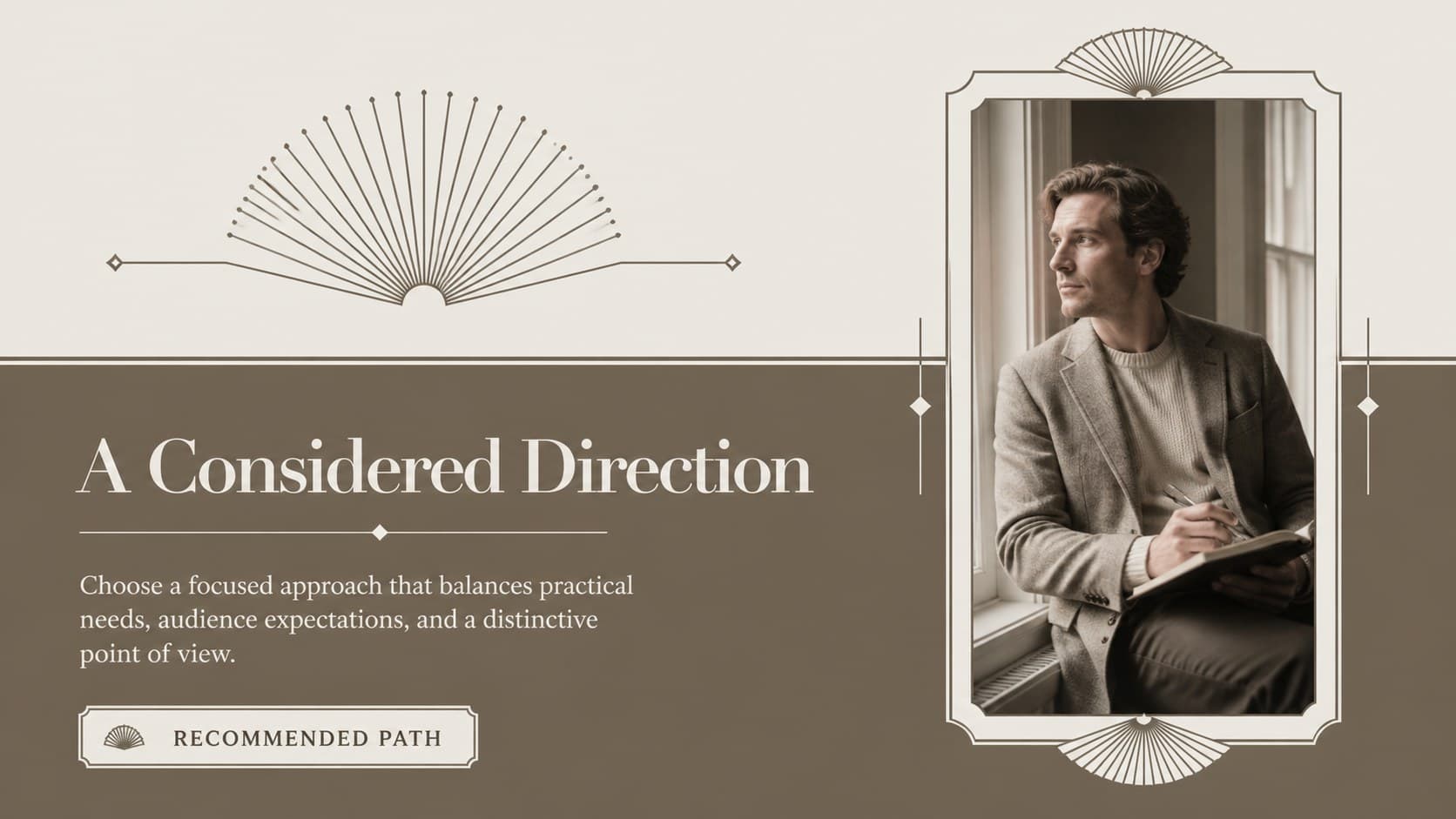 Warm neutral proposal slide presenting a featured recommendation inside a modern ornamental frame.