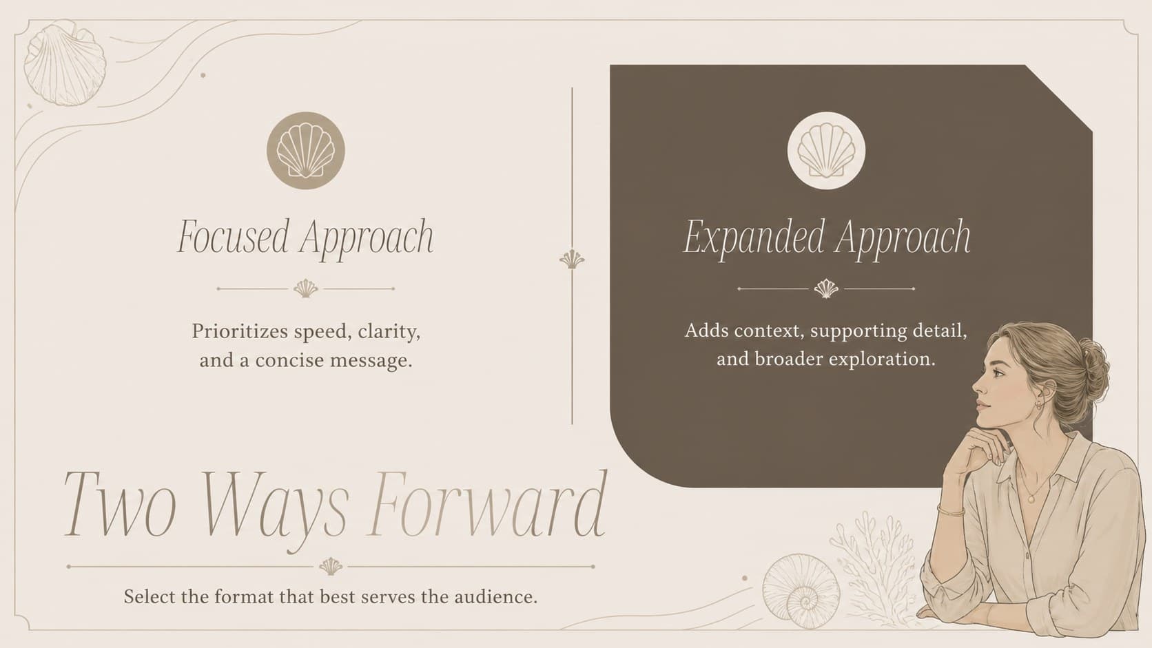 Elegant comparison slide contrasting two approaches with balanced beige and brown content panels.