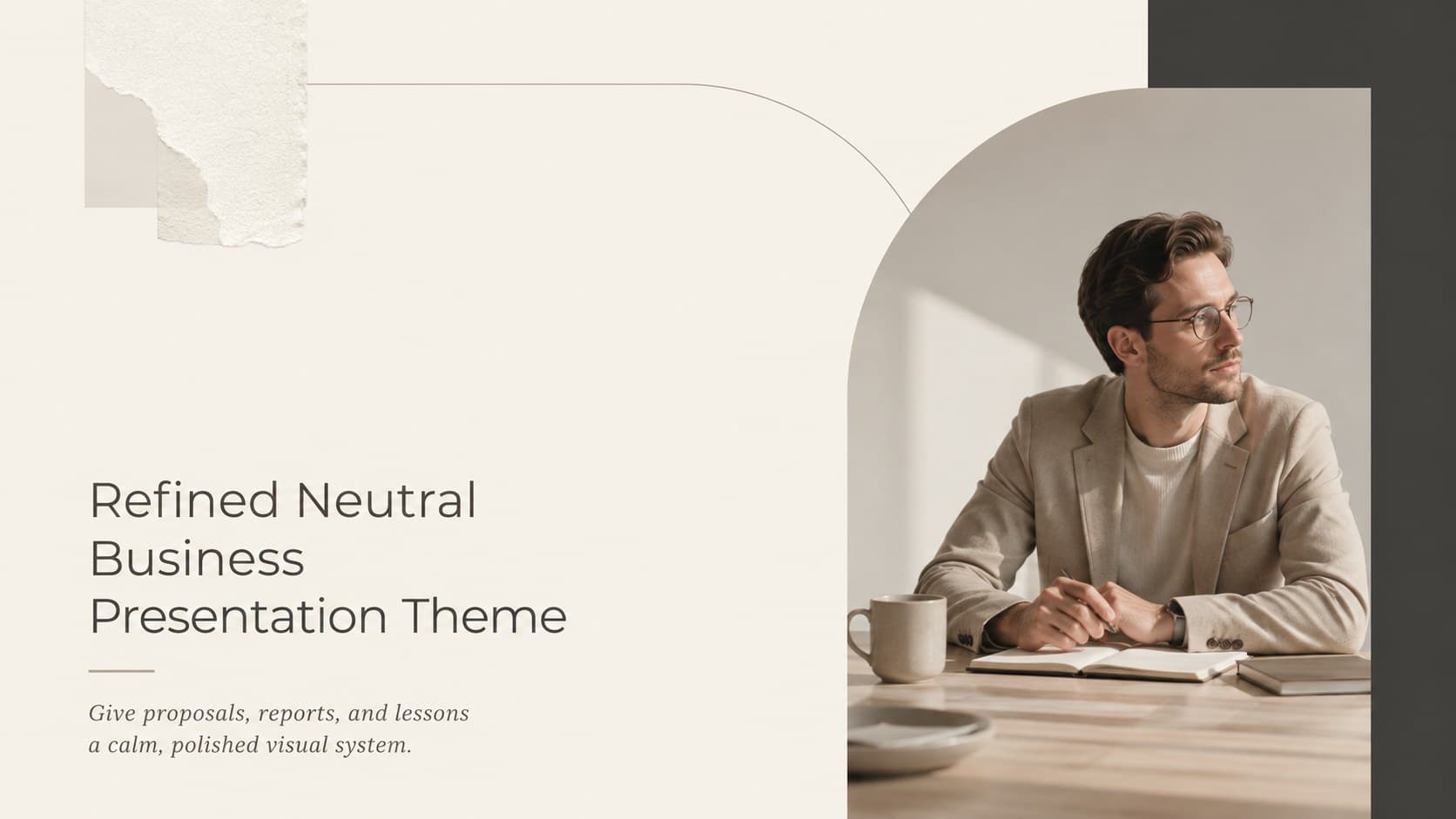 Cover of the Refined Neutral Business Presentation Theme with cream tones, editorial typography, and delicate linear accents.