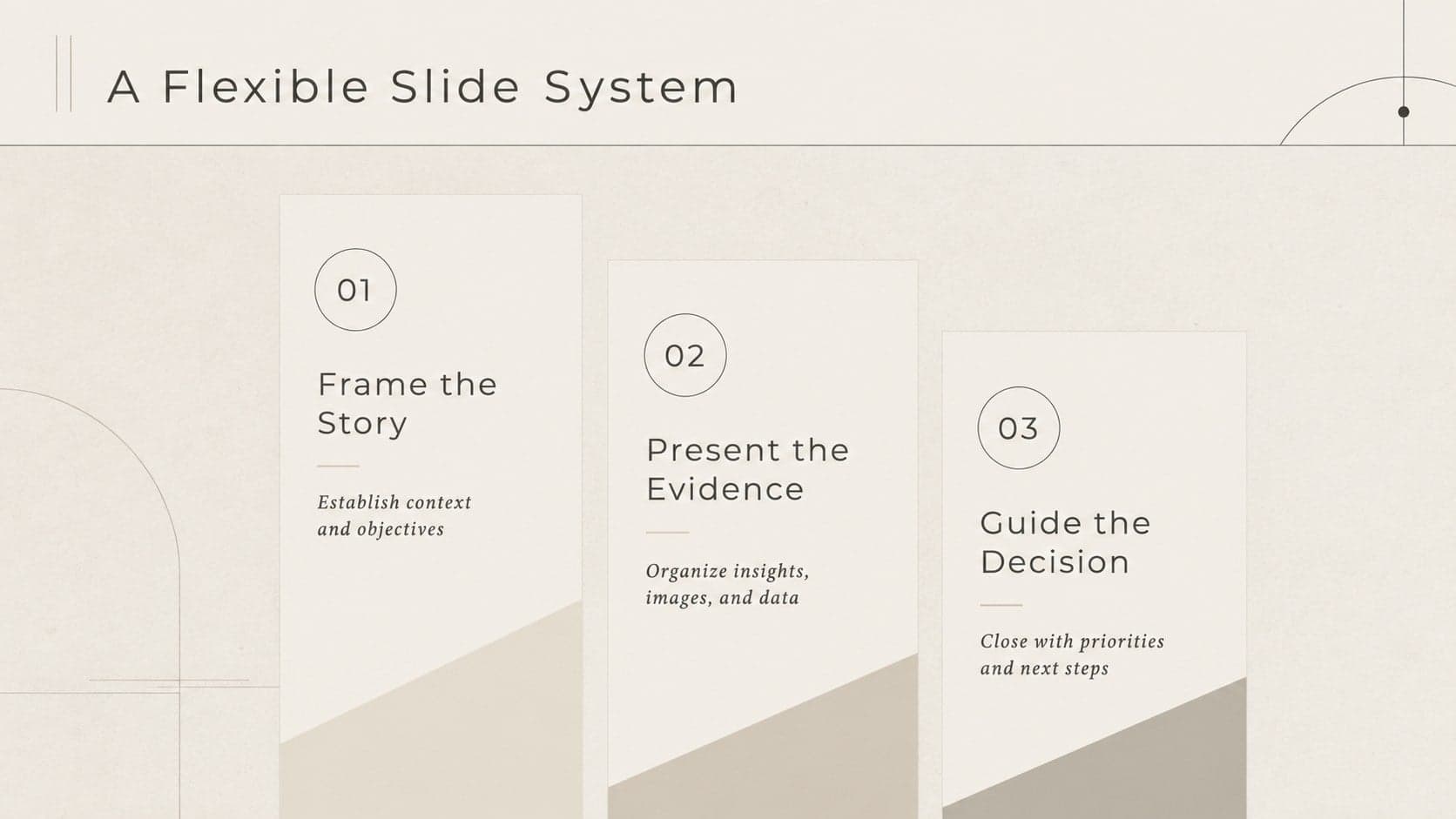 Neutral cream business presentation agenda with three structured sections and minimalist editorial details.