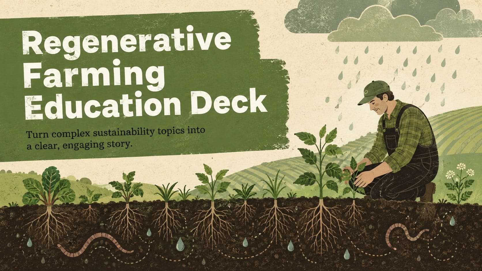Cover of a regenerative farming education deck with retro crop and soil illustrations in green, beige, and black.