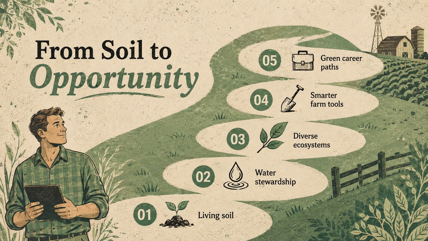 Regenerative agriculture agenda slide outlining soil, water, biodiversity, technology, and careers.