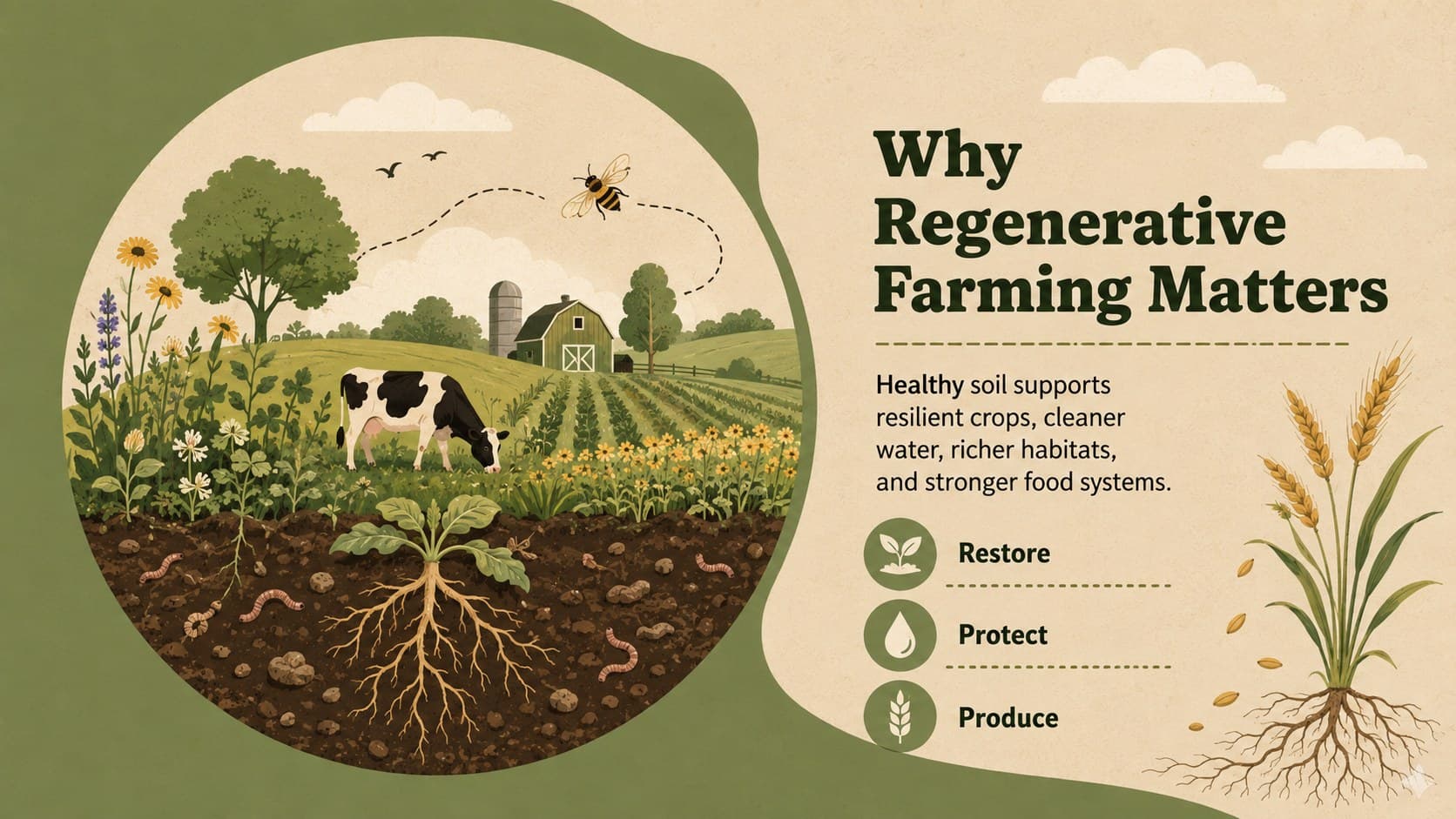 Sustainable farming overview slide connecting healthy soil, resilient crops, and responsible food systems.