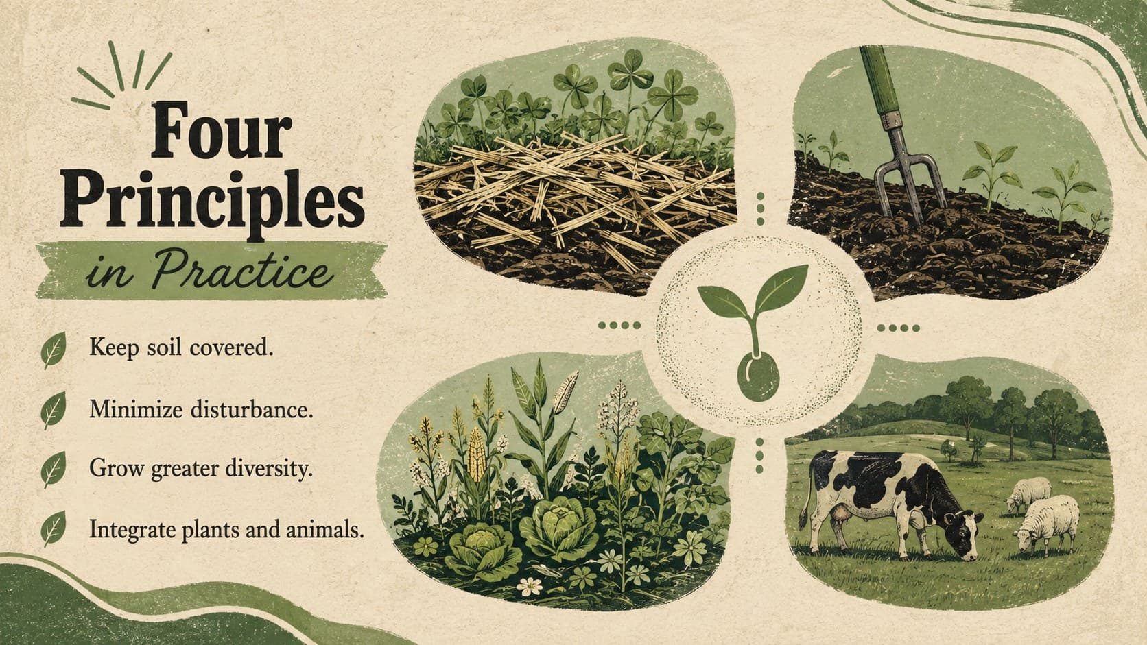 Eco farming classroom slide presenting four principles of regenerative agriculture with illustrated symbols.