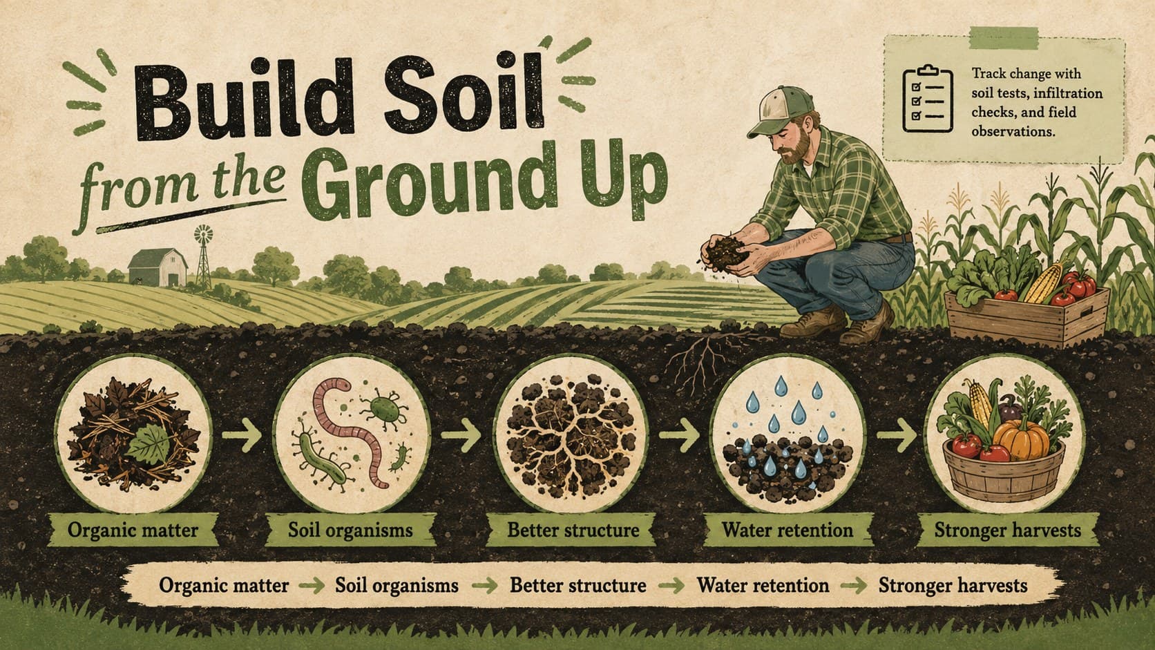 Soil health lesson presentation slide showing the cycle from organic matter to stronger harvests.