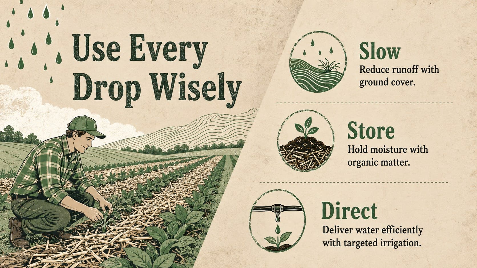 Water stewardship slide comparing runoff reduction, moisture retention, and efficient irrigation practices.