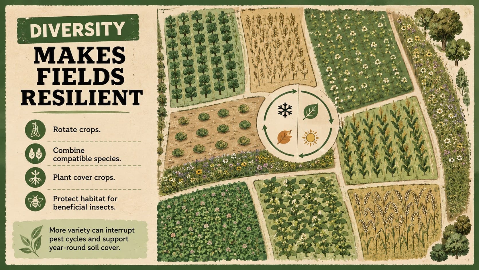 Crop diversity slide showing rotation, intercropping, cover crops, and habitat strips on a regenerative farm.