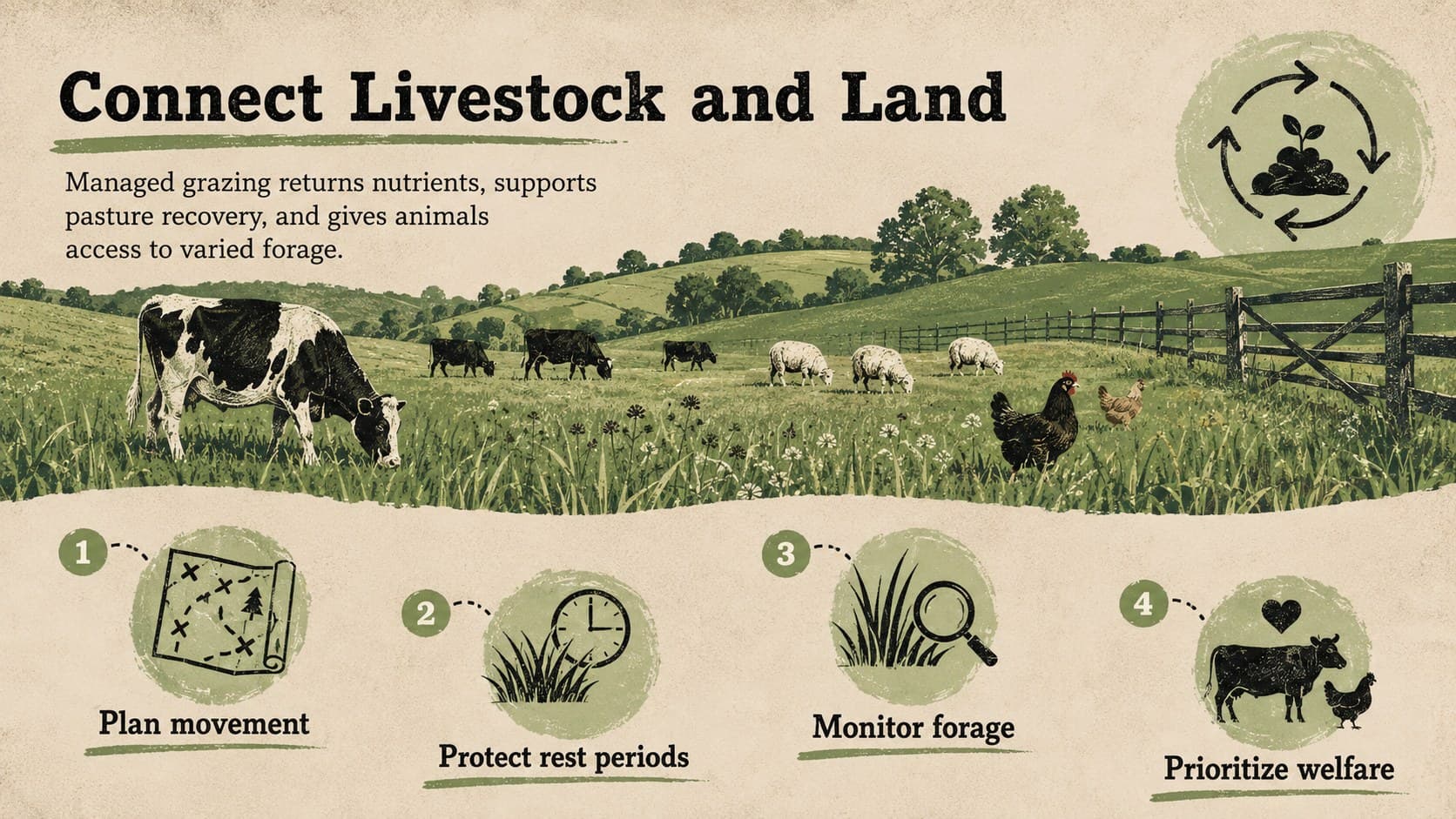Integrated livestock slide explaining managed grazing, nutrient cycling, animal welfare, and pasture recovery.