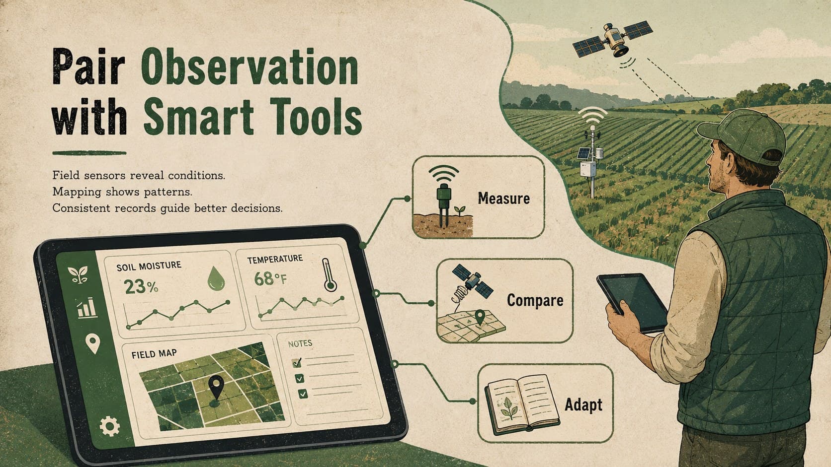 Farm technology slide featuring field sensors, satellite mapping, data records, and precision planning.
