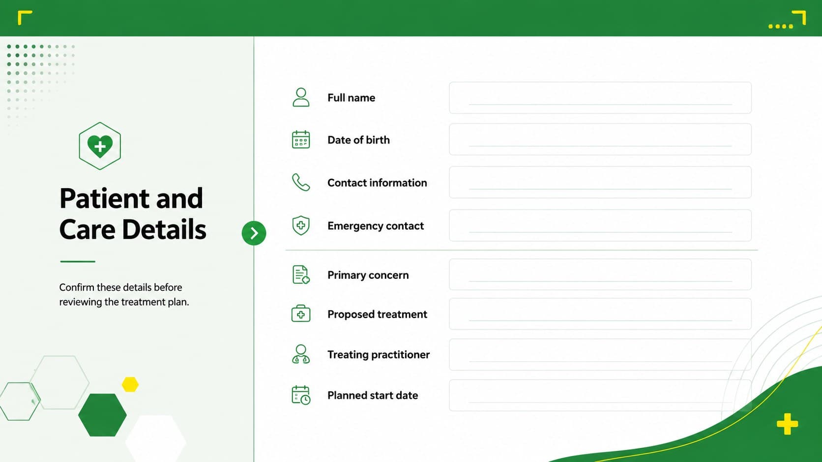 Patient information page from a physical rehabilitation intake template with contact, care plan, and emergency detail fields.