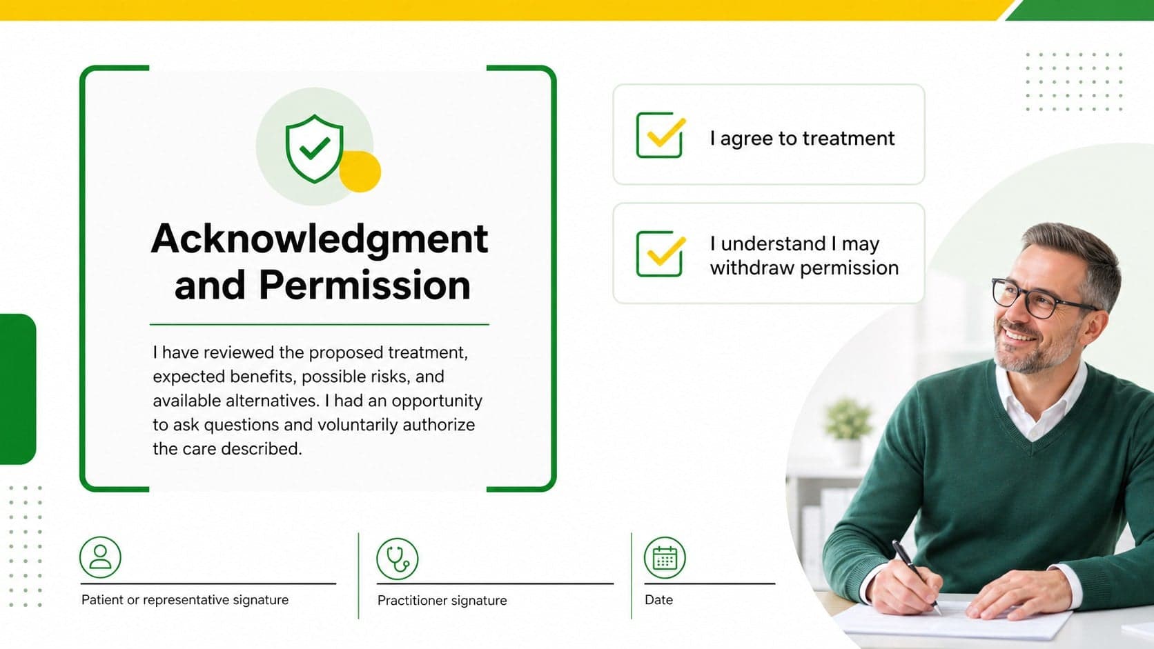 Treatment authorization slide with patient acknowledgment, communication preferences, and signature fields for rehabilitation care.