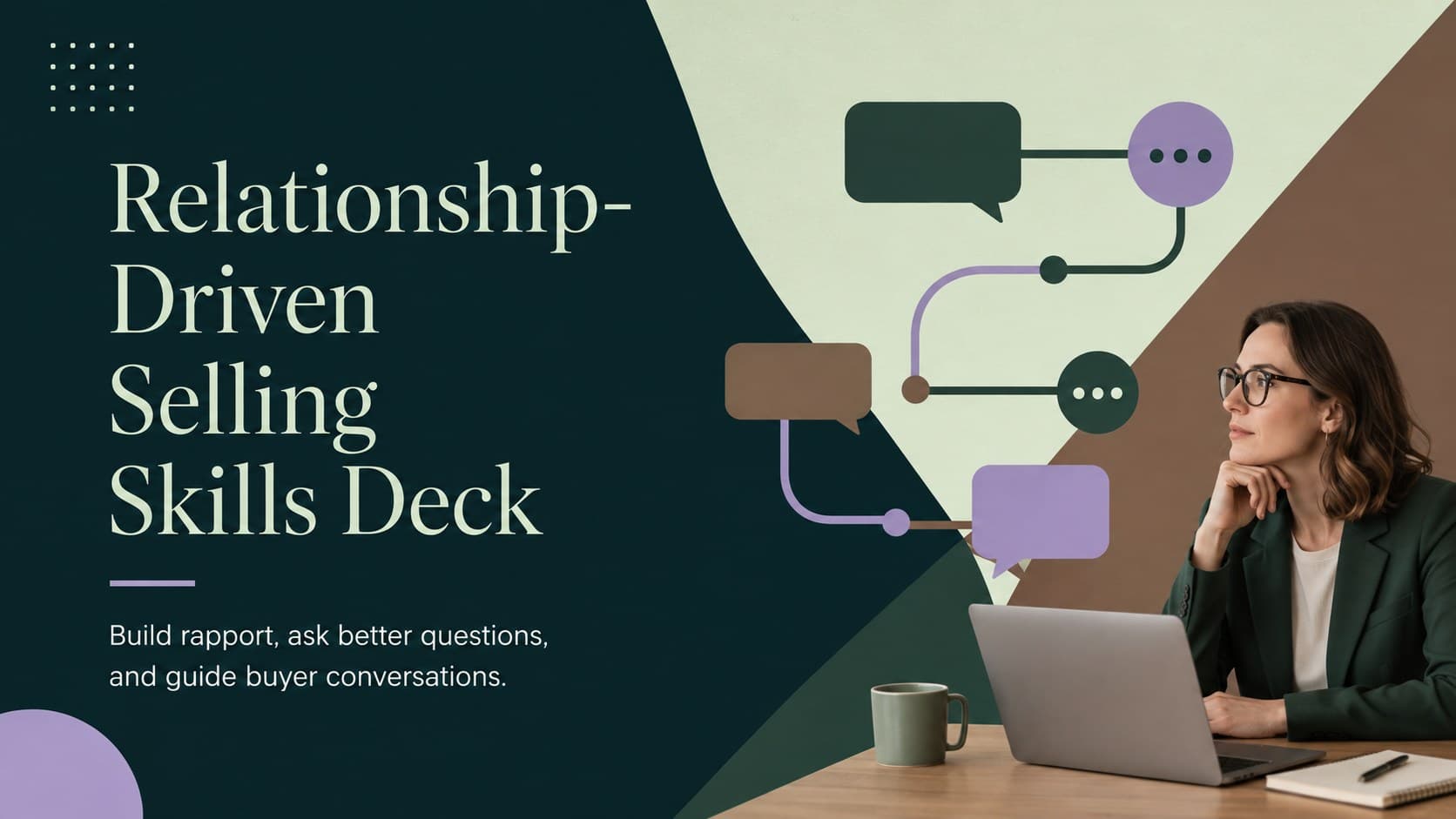 Cover of the Relationship-Driven Selling Skills Deck in a minimalist brown, green, and purple style.
