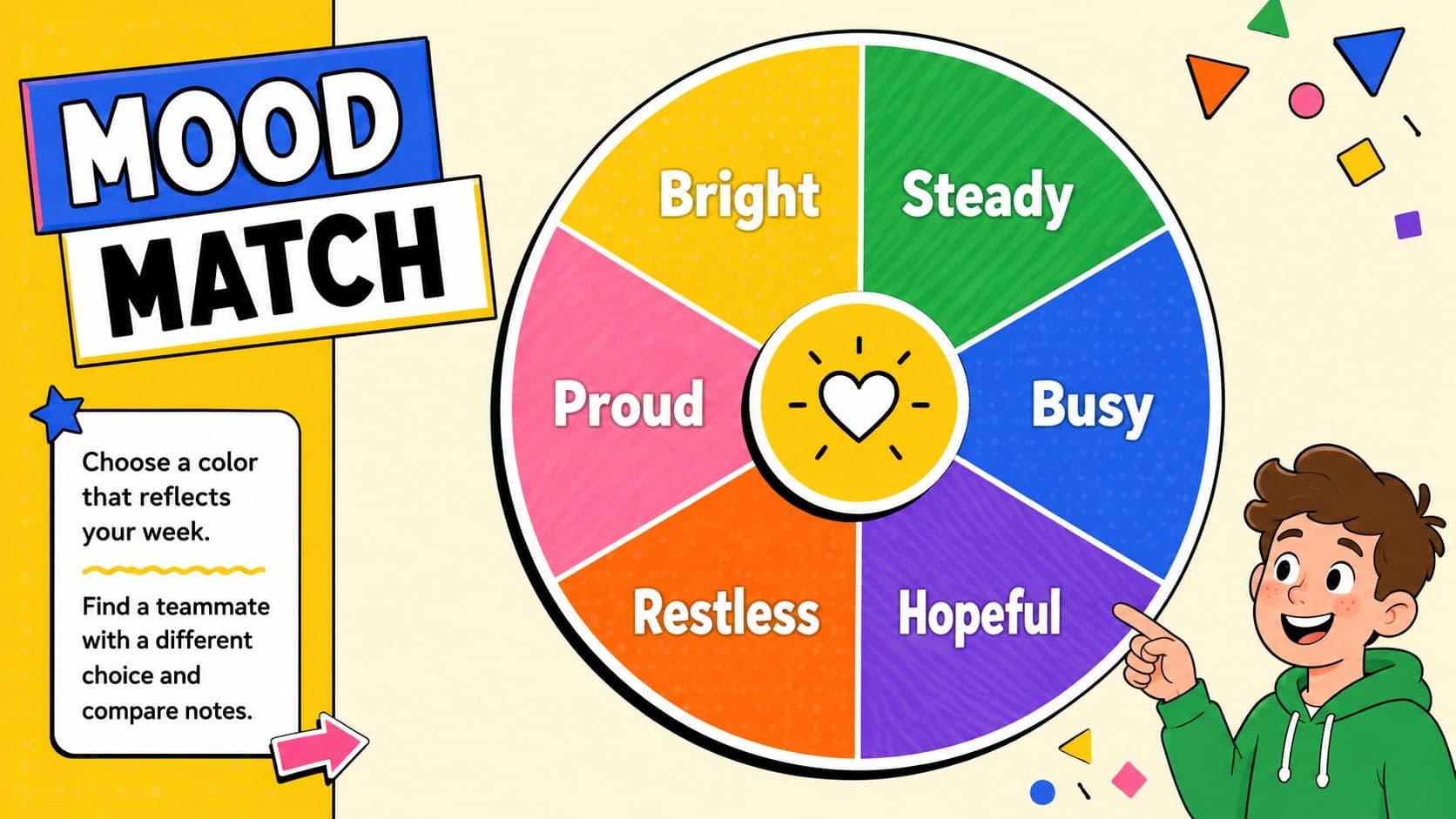 Colorful team bonding game slide featuring a mood matching activity for distributed colleagues.