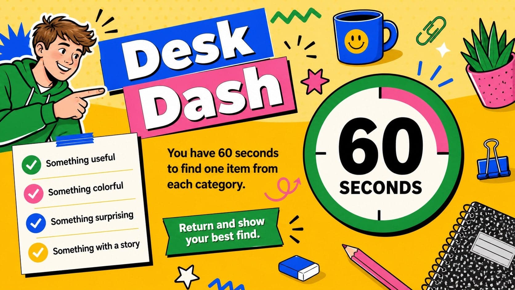 Online workplace games template slide for a fast desk scavenger hunt challenge.