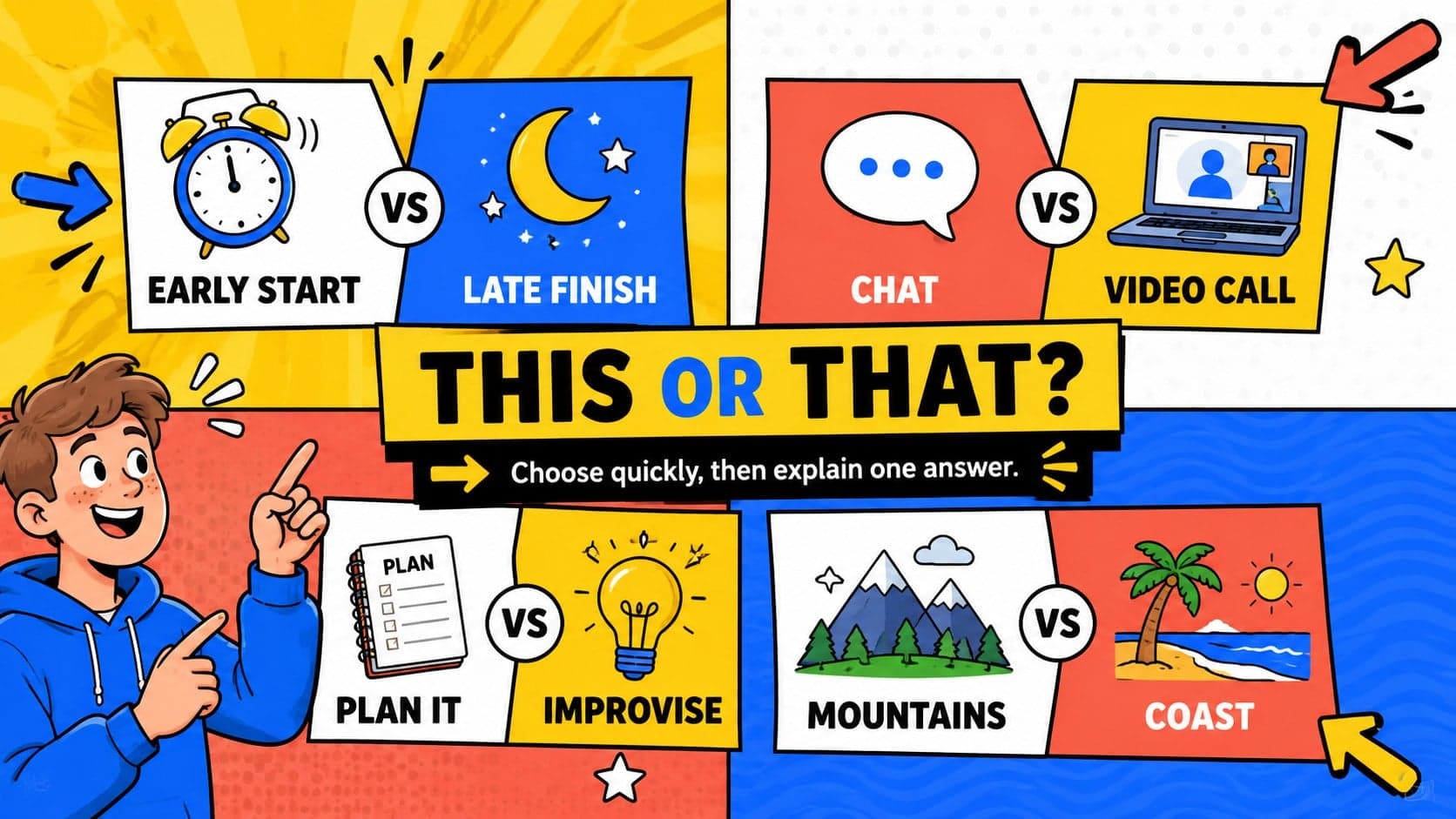 Virtual employee engagement activity slide with four playful This or That choices.